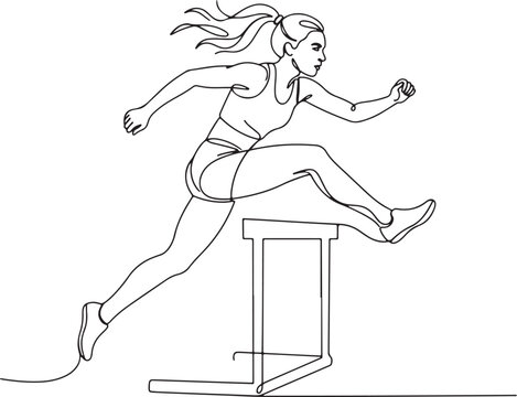 Female Athlete Jumping Hurdle Continuous Line Drawing - Track and Field Runner Sports Vector Illustration