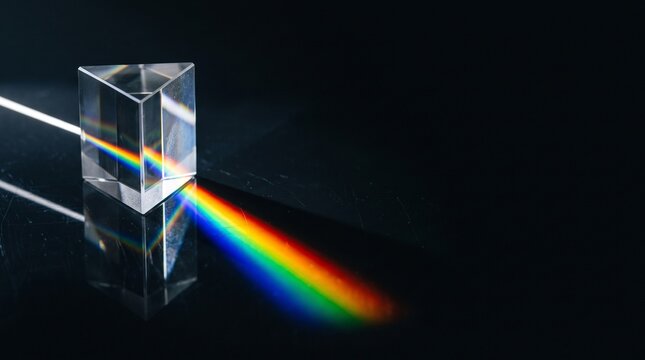 A triangular glass prism dispersing a beam of white light into a colorful rainbow spectrum on a reflective black background.