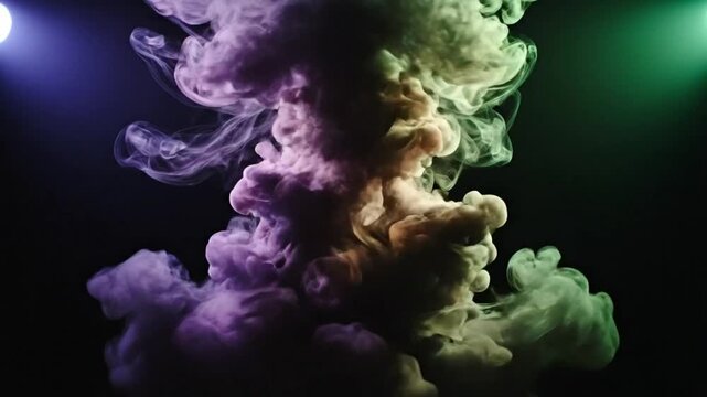 Abstract slow motion rising smoke plume with changing color lights on a black background
