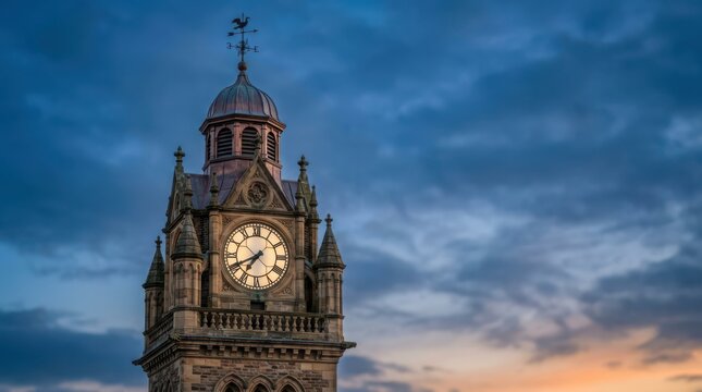 Historic Clock Tower Against Dramatic Twilight Sky Background