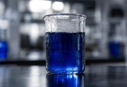 Deep Blue Prussian Blue Solution in Condensation Covered Beaker on Dark Laboratory Bench
