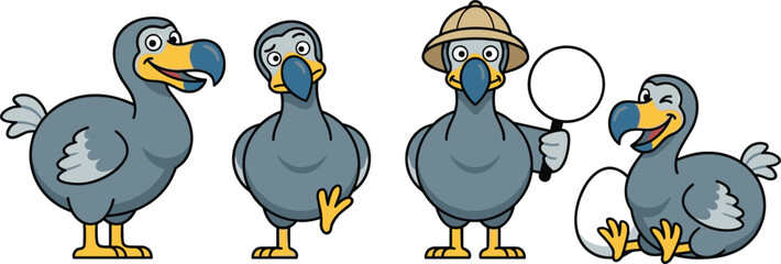 Cute Dodo Bird Cartoon Character Mascot Set Featuring Variations Standing Confused Wearing Safari Hat Holding Magnifying Glass and Sitting Next To Egg © Md