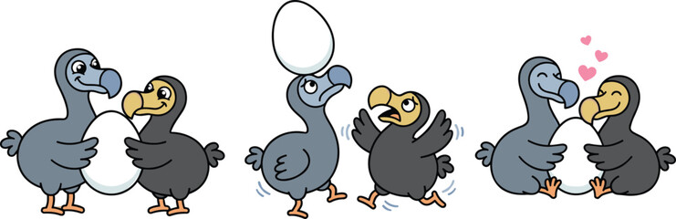 Cute Dodo Bird Couple Cartoon Character Mascot Set Featuring Parents Holding Balancing and Protecting Large Egg with Love Heart Accents © Md
