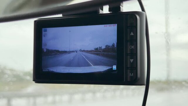 A car dashcam records a rainy highway drive in Saint Petersburg. The video camera captures the road ahead for safety and peace of mind. The quiet journey feels safe and reassuring.