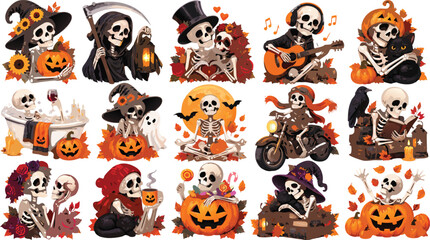 Fototapeta premium Halloween Skeleton and Grim Reaper Character Clipart Collection