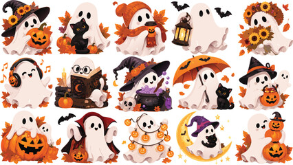 Obraz premium Halloween Ghost Pumpkin and Cute Spooky Character Clipart Set