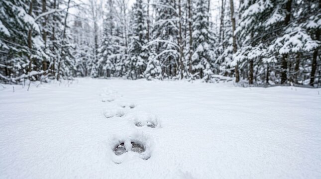 Footprints in snow covered forest during winter season
