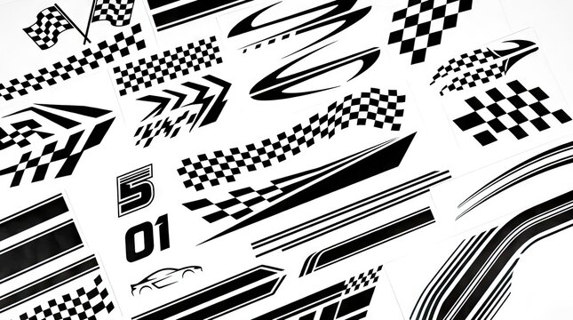 Black racing decals and checkered flag graphics set.