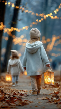 Child carrying illuminated lantern and autumn basket, walking path with fallen leaves, celebrating traditional st. Martin's day festival with warm string lights