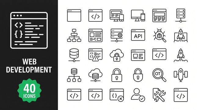 Web Development Icon Set with Frontend Coding, Website Design, and Browser Technology Symbols