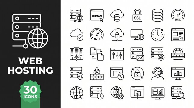 Web Hosting Icon Set with Server Domain, Website Storage, and Cloud Infrastructure Symbols