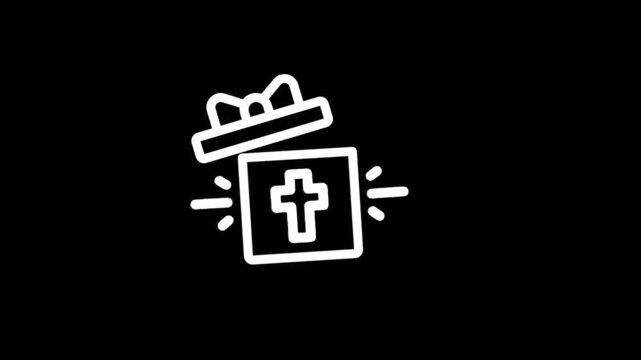 Gift box with Christian cross symbol and radiating light, representing faith and blessings