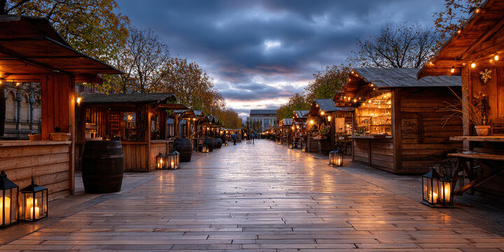 St. Martin's day market path illuminating festive stalls with warm lanterns, celebrating traditional autumn holiday spirit and community gathering under a twilight sky