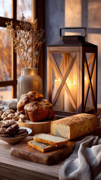 Rustic table with homemade bread, muffins and cookies beside a glowing wooden lantern and dried branches, warm autumn st. Martin's celebration atmosphere indoors