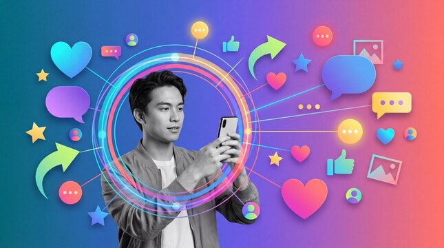 Asian man holding smartphone surrounded by colorful digital social media notification icons, like heart and message symbols on gradient background