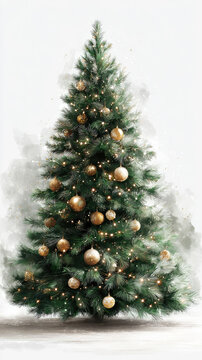 Decorated christmas tree highlighting holiday spirit and festive celebration with elegant ornaments and glittering lights, positioned against a snowy background offering generous vertical copy space