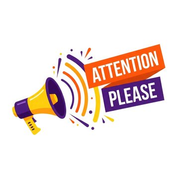 A vibrant yellow megaphone illustration with sound waves and the text attention please for marketing and promotional announcements