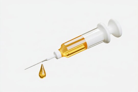 3D medical syringe icon with a golden vaccine droplet isolated on white background. Matte claymorphism style immunity injection concept.