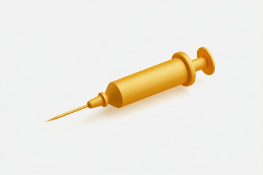 3D medical syringe icon with a golden vaccine droplet isolated on white background. Matte claymorphism style immunity injection concept.