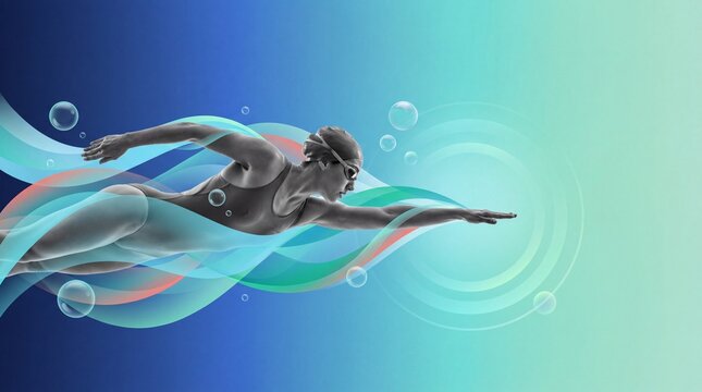 Female swimmer in motion with dynamic abstract water waves collage