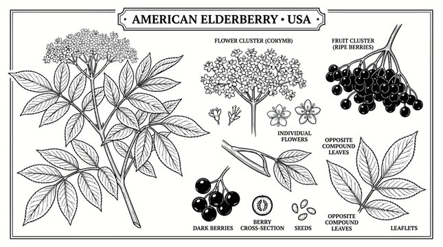 Very beautiful black and white vector set of American Elderberry Shrub, leaves, flower clusters, dark berries, seeds and forest branches. Label: "AMERICAN ELDERBERRY &bull; USA" no gradient, white backgrou