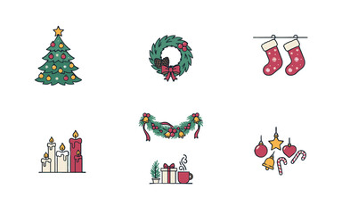 Fototapeta premium A collection of festive Christmas icons, including a tree, wreath, stockings, candles, garland, and ornaments.