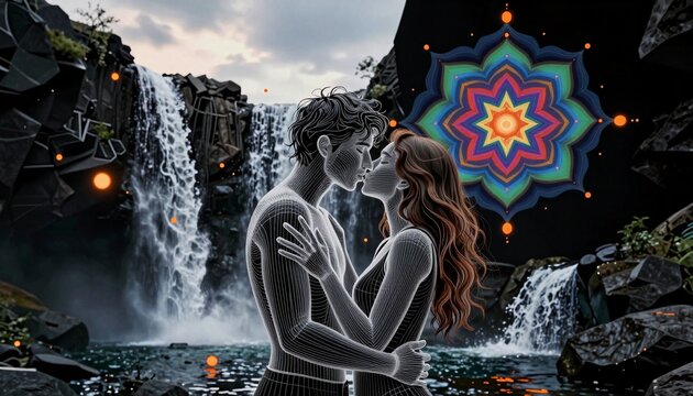 Wireframe Couple Embracing by Waterfall with Vibrant Mandala