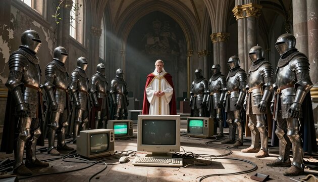 Medieval Knights and Clerical Figure with Vintage Computers in Gothic Cathedral
