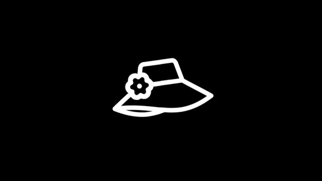 Animated white outline of a bucket hat with a flower icon on a black background