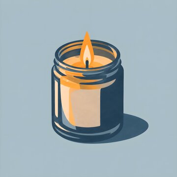 A lit candle in a jar, flat vector illustration, amber firelight against cold blue shadow