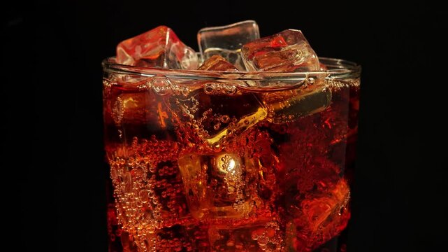 Cola with ice on black background.