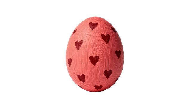 Coral pink Easter egg with dark red heart pattern, isolated on transparent background
