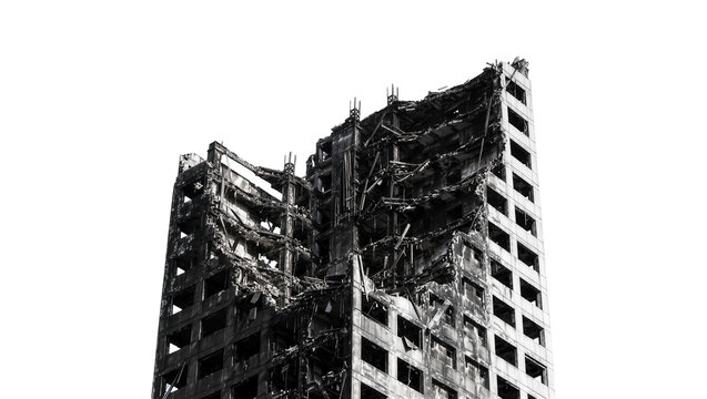 Ruined concrete skyscraper with collapsed floors and exposed rebar, isolated on transparent background