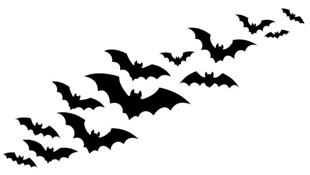 Flock of black bats flying in formation, isolated on transparent background