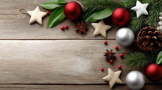 Festive holiday arrangement of red and silver baubles, wooden stars, fir branches, red berries and star anise on rustic wood, providing warm copy space for seasonal greeting
