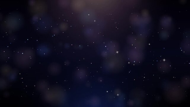 Abstract dark blue background with soft glowing bokeh lights and scattered stars, magical night sky atmosphere