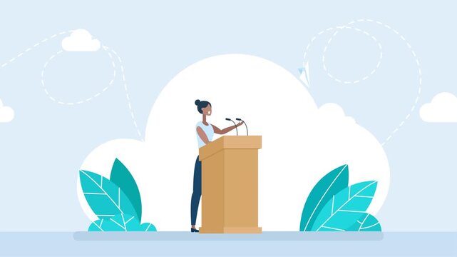 African-american woman speaker talking behind tribunes with mic. Political debates, corporate conference presentation, public speaking speech or business discussion. Businesswoman. 2d flat animation.