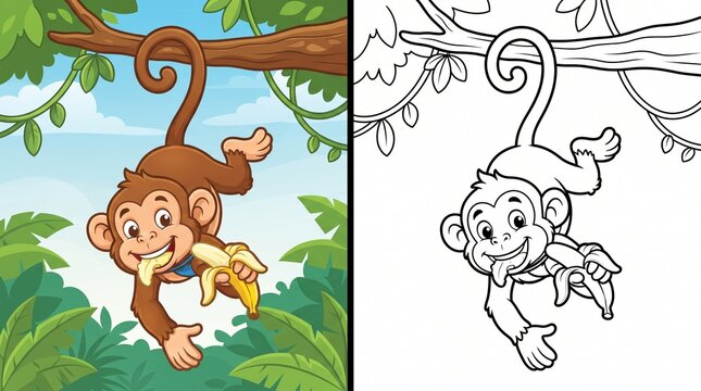 Cute cartoon monkey coloring page and color version vector illustration