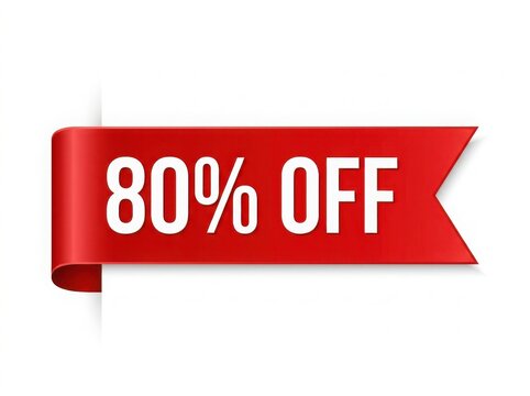 Red ribbon banner with 80% off text isolated on white background