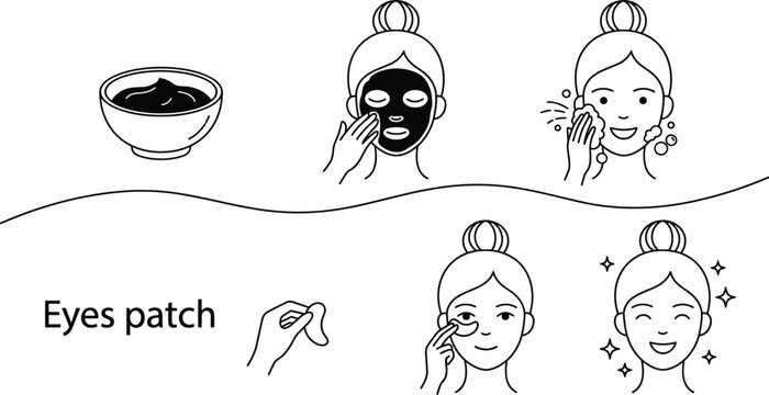 Skincare application line icons demonstrating black facial mask treatment charcoal peel and under eyes patch cosmetic procedure