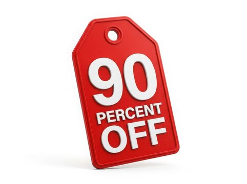 A red price tag with 90 percent off text isolated on white background