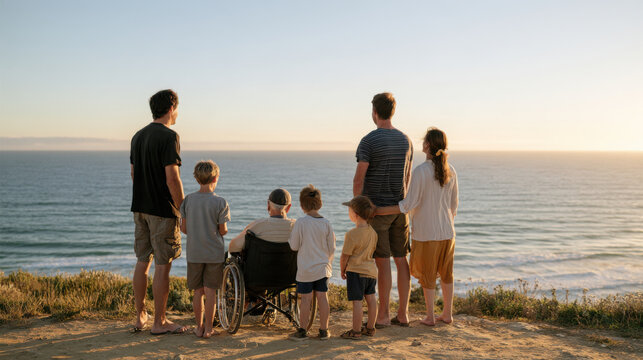 Three generations of a family enjoying a scenic ocean view at sunset