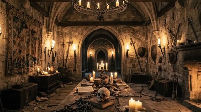 Gothic Medieval Castle Hall Interior with Burning Fireplace Candles Skull Chains and Torches