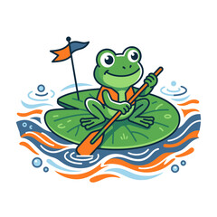 Obraz premium Cartoon frog riding lily pad in serene pond ecosystem with clean vector style and transparent background