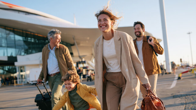 Happy family arriving at airport with luggage, ready for vacation travel