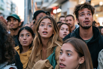 Obraz premium A diverse group of young people looking up with expressions of surprise and wonder