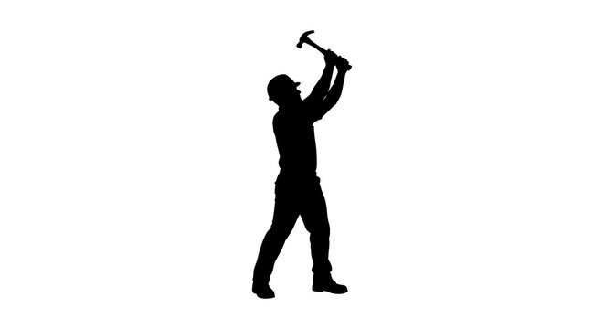 Construction worker silhouette hammering overhead against a white background