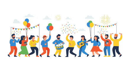 Fototapeta premium Celebration with people balloons and fireworks a vector illustration