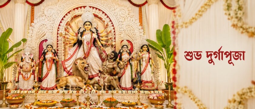 Durga Puja altar featuring Hindu goddess Durga with attendant deities, lion, offerings, Bengali greeting text, and ornate cream decoration for October 17 festival celebration, worship, culture, and