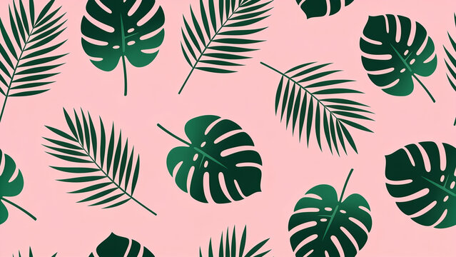 Seamless Tropical Leaf pattern, monstera and palm silhouettes, forest green on blush pink